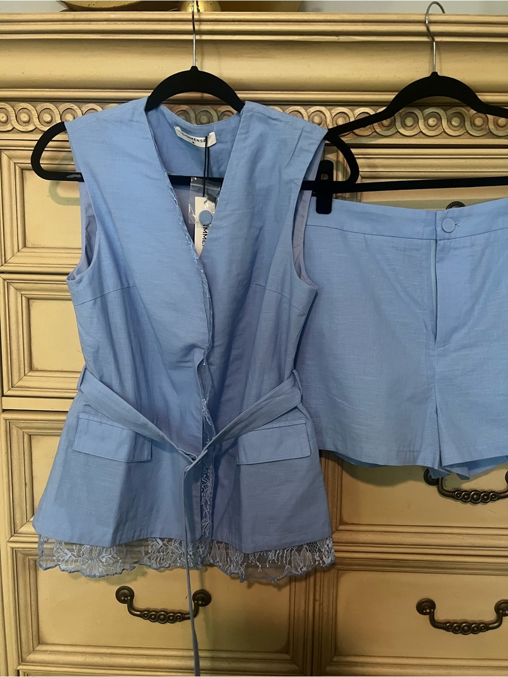Commense Cotton Linen Blue Lace Belted Vest & Shorts Set M - Picture 9 of 17
